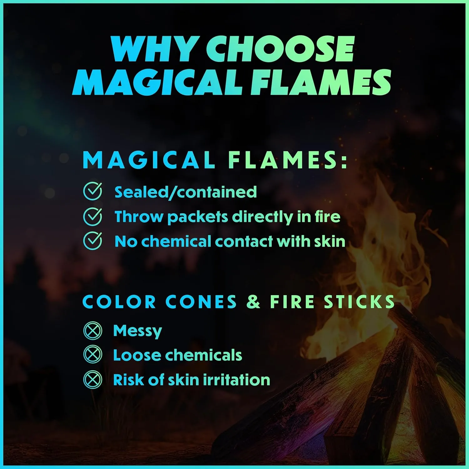 Magical Flames Fire Color Changing Packets - Fire Pit Accessories for Outside Use - Camping Essentials - 12 Pack - Camper Accessories - Camper Must Haves