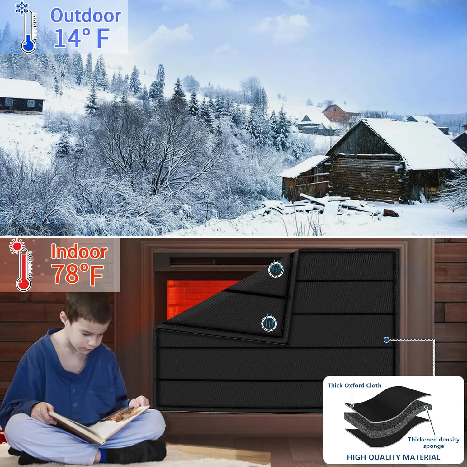 Magnetic Fireplace Blanket for Heat Loss Indoor Fireplace Covers Keep Drafts Out Stops Heat Loss Fireplace Draft Stopper with Built-in 12 Strong Magnet for Iron Fireplace Frame Fireplace Screen 36x27
