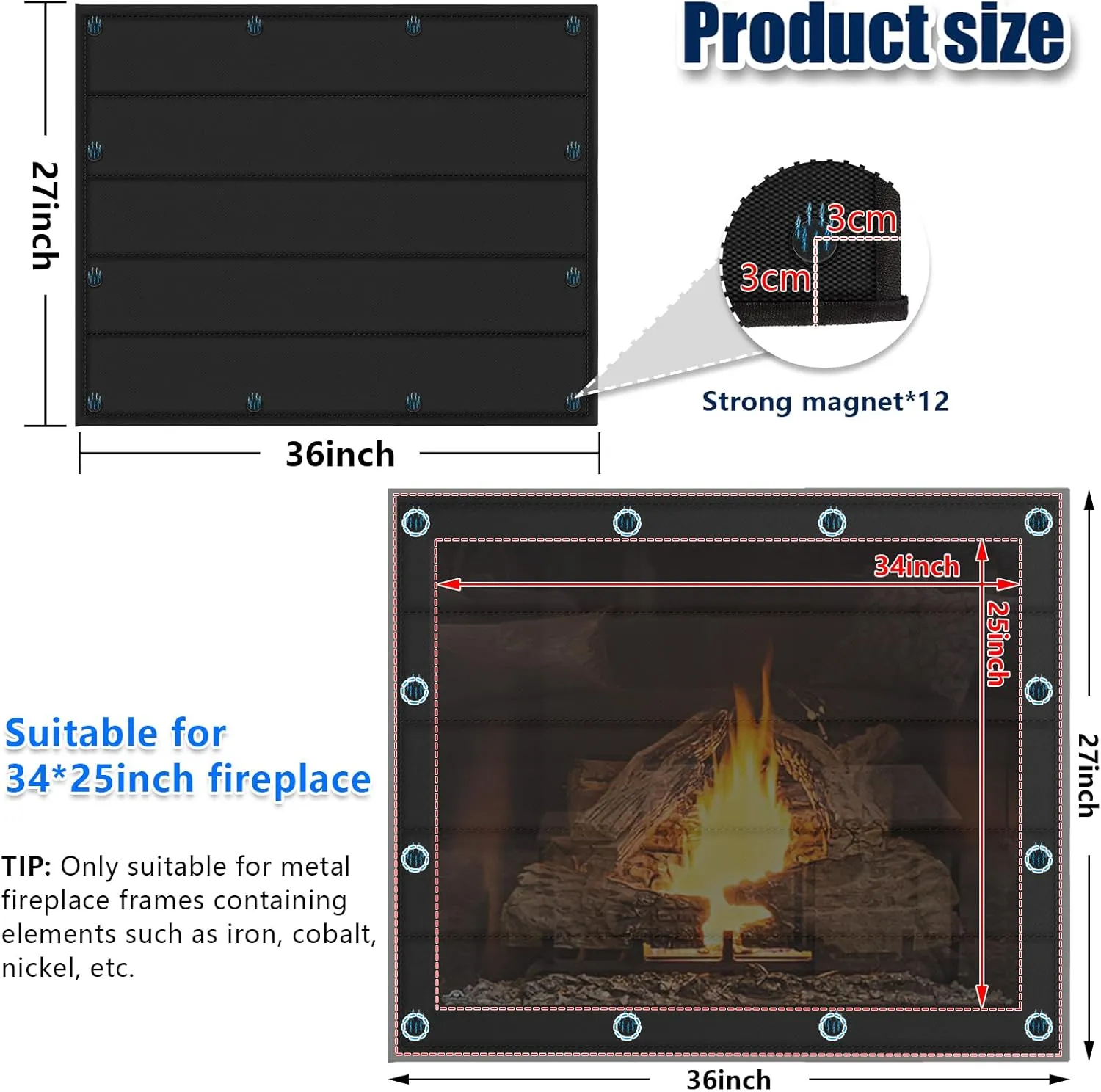 Magnetic Fireplace Blanket for Heat Loss Indoor Fireplace Covers Keep Drafts Out Stops Heat Loss Fireplace Draft Stopper with Built-in 12 Strong Magnet for Iron Fireplace Frame Fireplace Screen 36x27