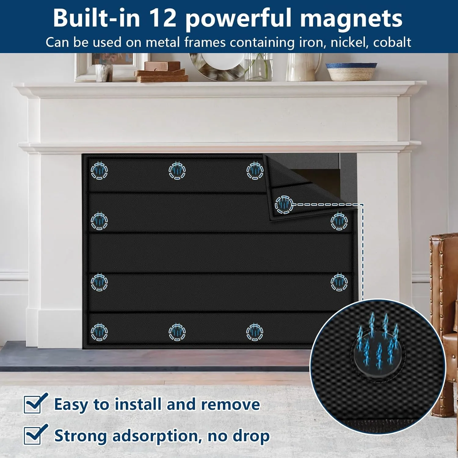 Magnetic Fireplace Blanket for Heat Loss Indoor Fireplace Covers Keep Drafts Out Stops Heat Loss Fireplace Draft Stopper with Built-in 12 Strong Magnet for Iron Fireplace Frame Fireplace Screen 36x27
