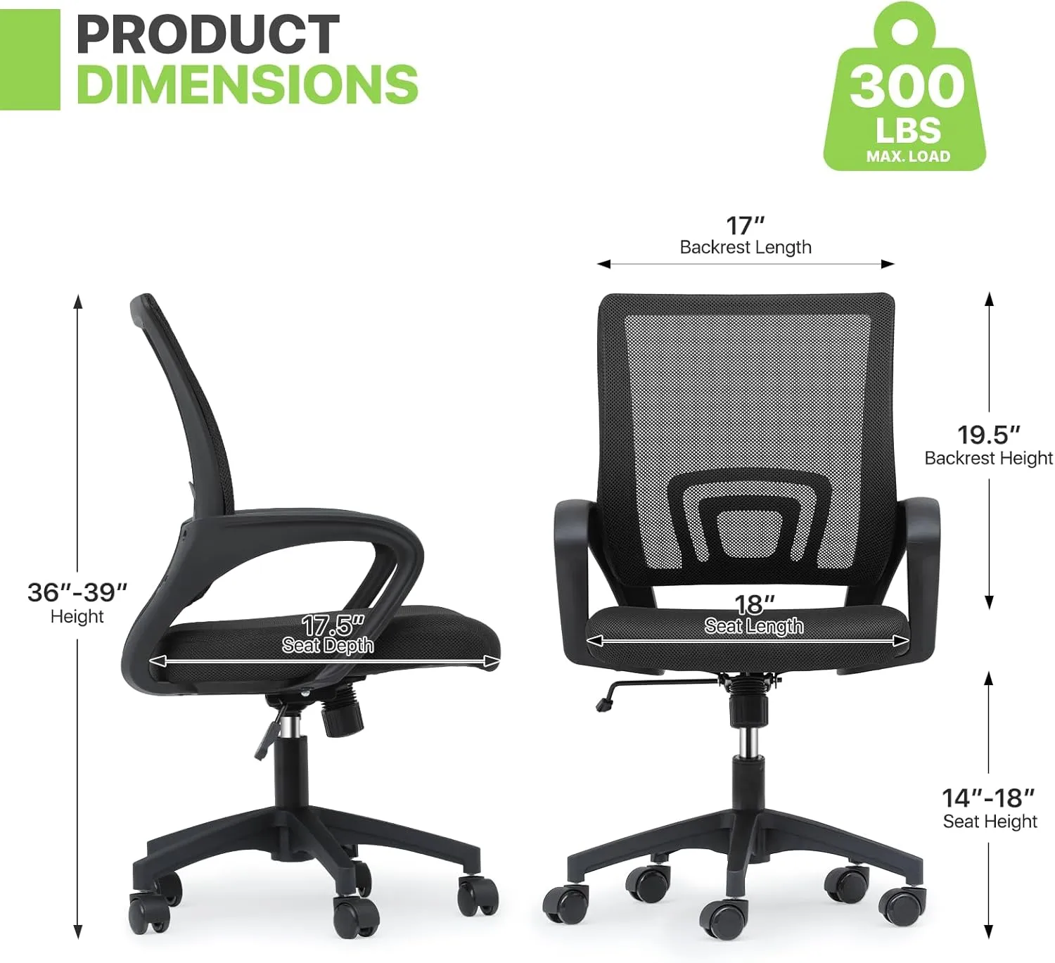 Magshion Office Mesh Chair Set of 2, Breathable Mesh, Rolling Swivel Task Chairs for Home Office, 2 Pack Comfortable Computer Chair, 300 Lbs Capacity, Black
