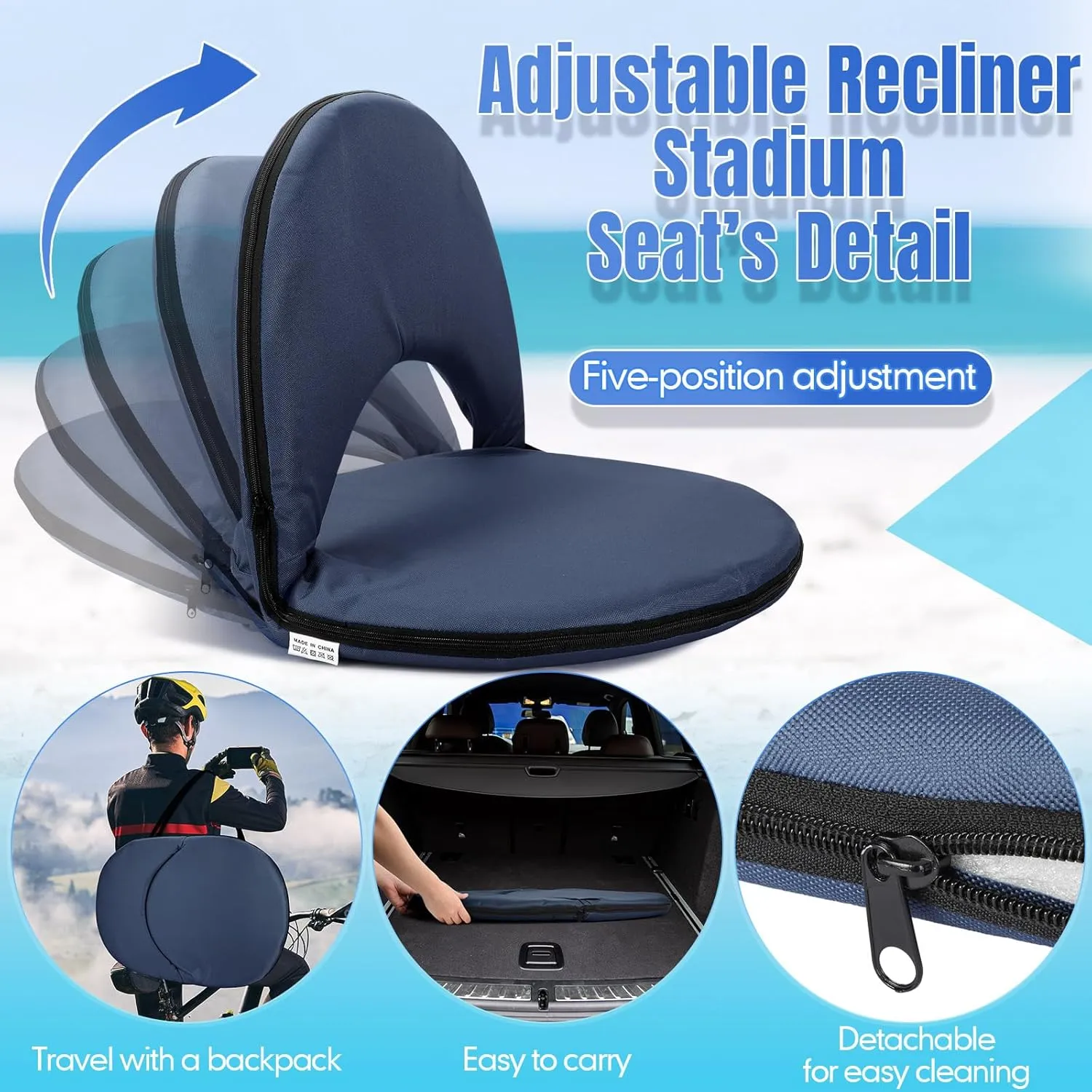 Maitys 4 Pcs Stadium Seats for Bleachers with Back Support and Cushion Folding Bleacher Seat with Backrest Wide Padded School Floor Chairs 5 Reclining Positions(29.5 x 21.7 x 2 Inch,Navy Blue)