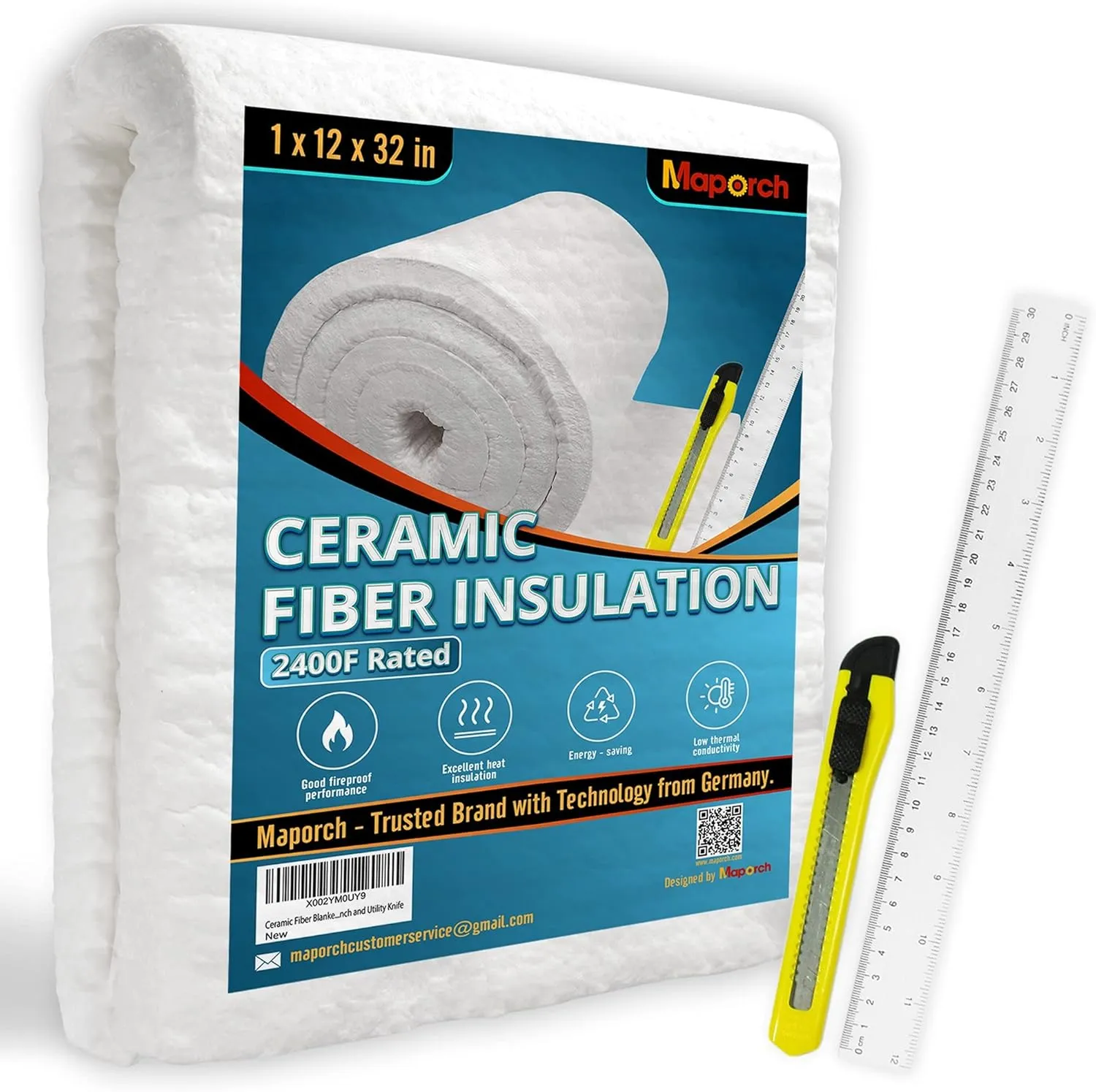 MAPORCH Kaowool Ceramic Fiber Blanket 1"x12"x32" - Fireproof Foam for Stoves, Ovens, Fireplaces & Chimneys - 2400F High Temp Resistance Heat Insulation Fire Prevention - Includes Ruler & Utility Knife