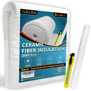 MAPORCH Kaowool Ceramic Fiber Blanket 1"x12"x32" - Fireproof Foam for Stoves, Ovens, Fireplaces & Chimneys - 2400F High Temp Resistance Heat Insulation Fire Prevention - Includes Ruler & Utility Knife