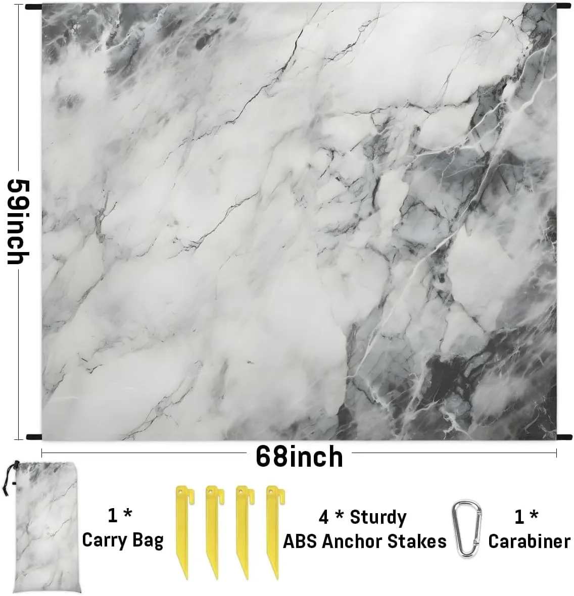 Marble Beach Blanket, Sandproof Beach Mat, 68 x 59 Waterproof Quick Drying Sand Free Mat with 4 x Ground Spikes for Outdoor Travel Camping Hiking, Stained Marbled