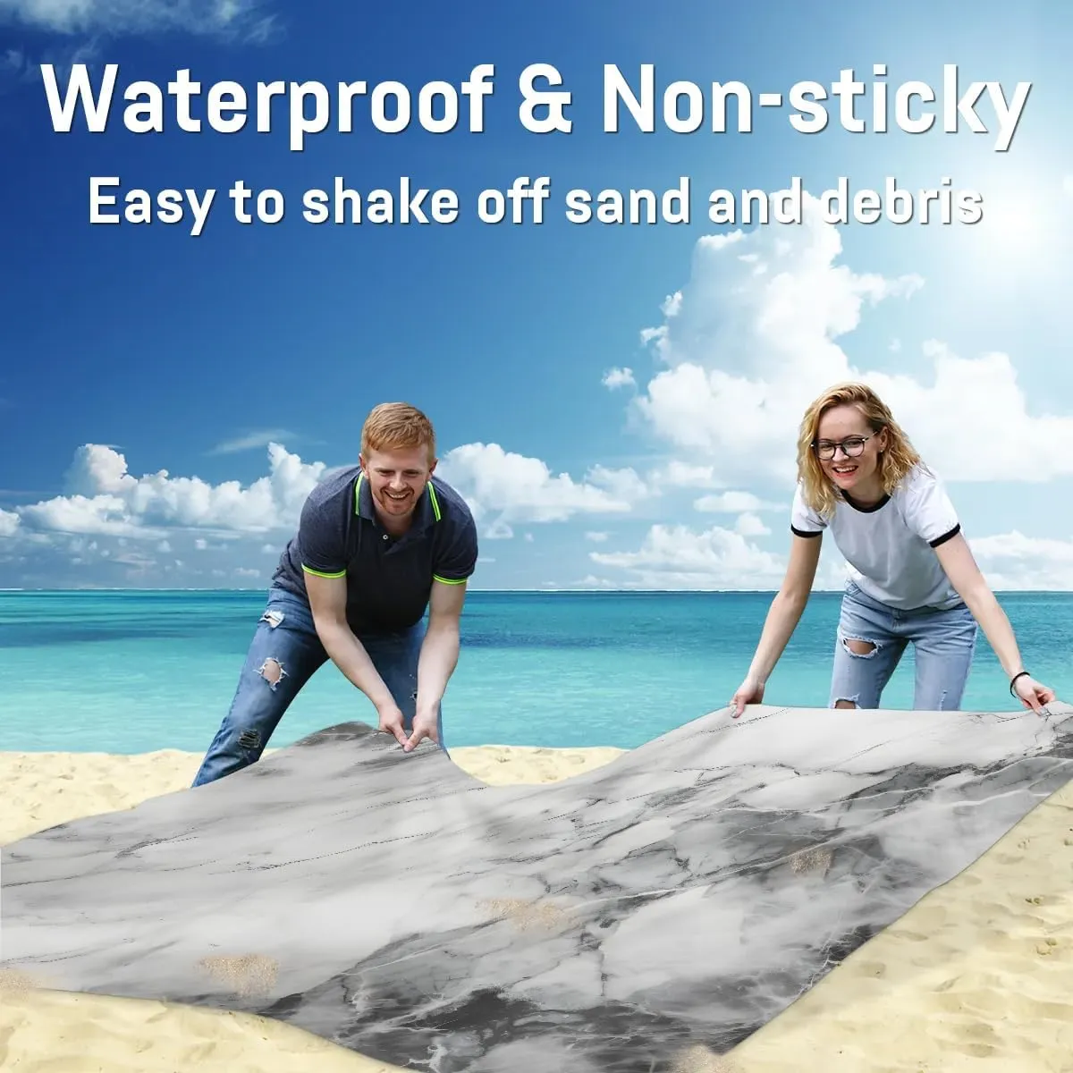 Marble Beach Blanket, Sandproof Beach Mat, 68 x 59 Waterproof Quick Drying Sand Free Mat with 4 x Ground Spikes for Outdoor Travel Camping Hiking, Stained Marbled