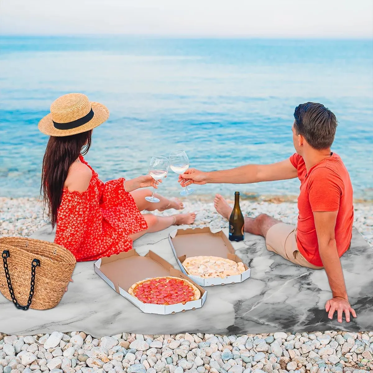 Marble Beach Blanket, Sandproof Beach Mat, 68 x 59 Waterproof Quick Drying Sand Free Mat with 4 x Ground Spikes for Outdoor Travel Camping Hiking, Stained Marbled