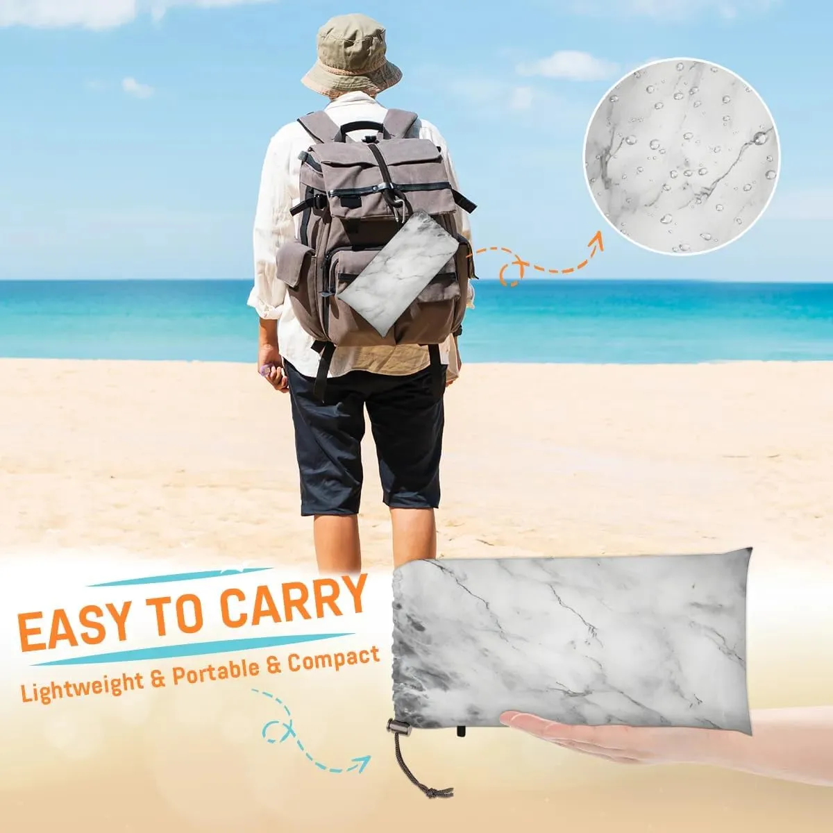 Marble Beach Blanket, Sandproof Beach Mat, 68 x 59 Waterproof Quick Drying Sand Free Mat with 4 x Ground Spikes for Outdoor Travel Camping Hiking, Stained Marbled