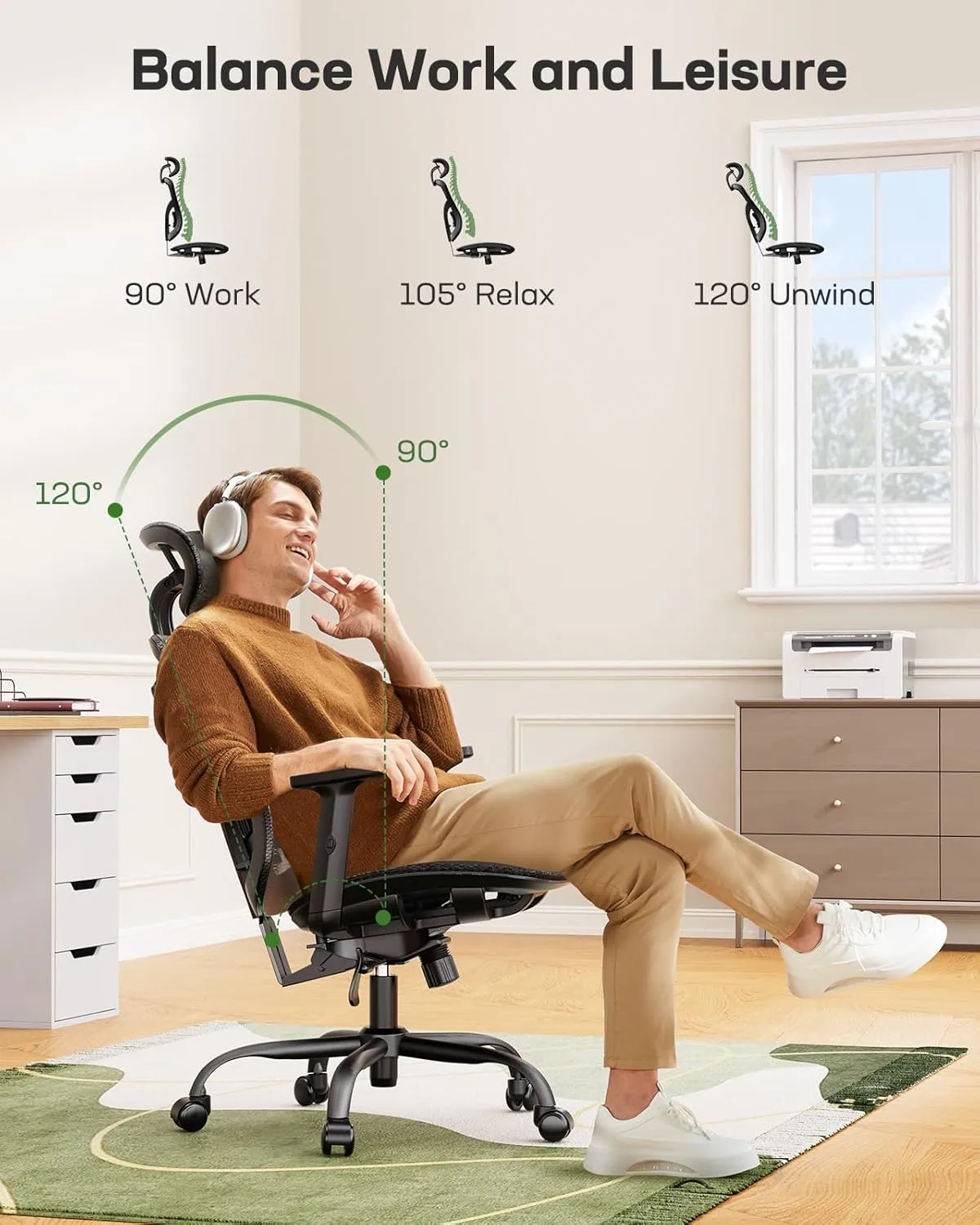 Marsail Ergonomic Office Chair, Ergonomic Gaming Chair with Adjustable Lumbar Support, 2D Headrest & Up and Down Armres