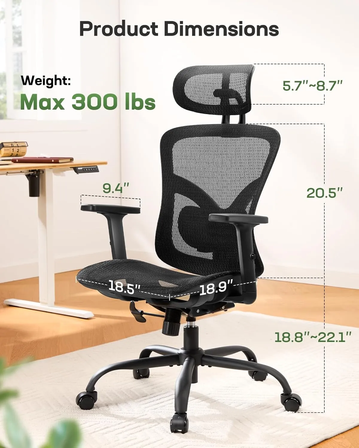 Marsail Ergonomic Office Chair, Ergonomic Gaming Chair with Adjustable Lumbar Support, 2D Headrest & Up and Down Armres