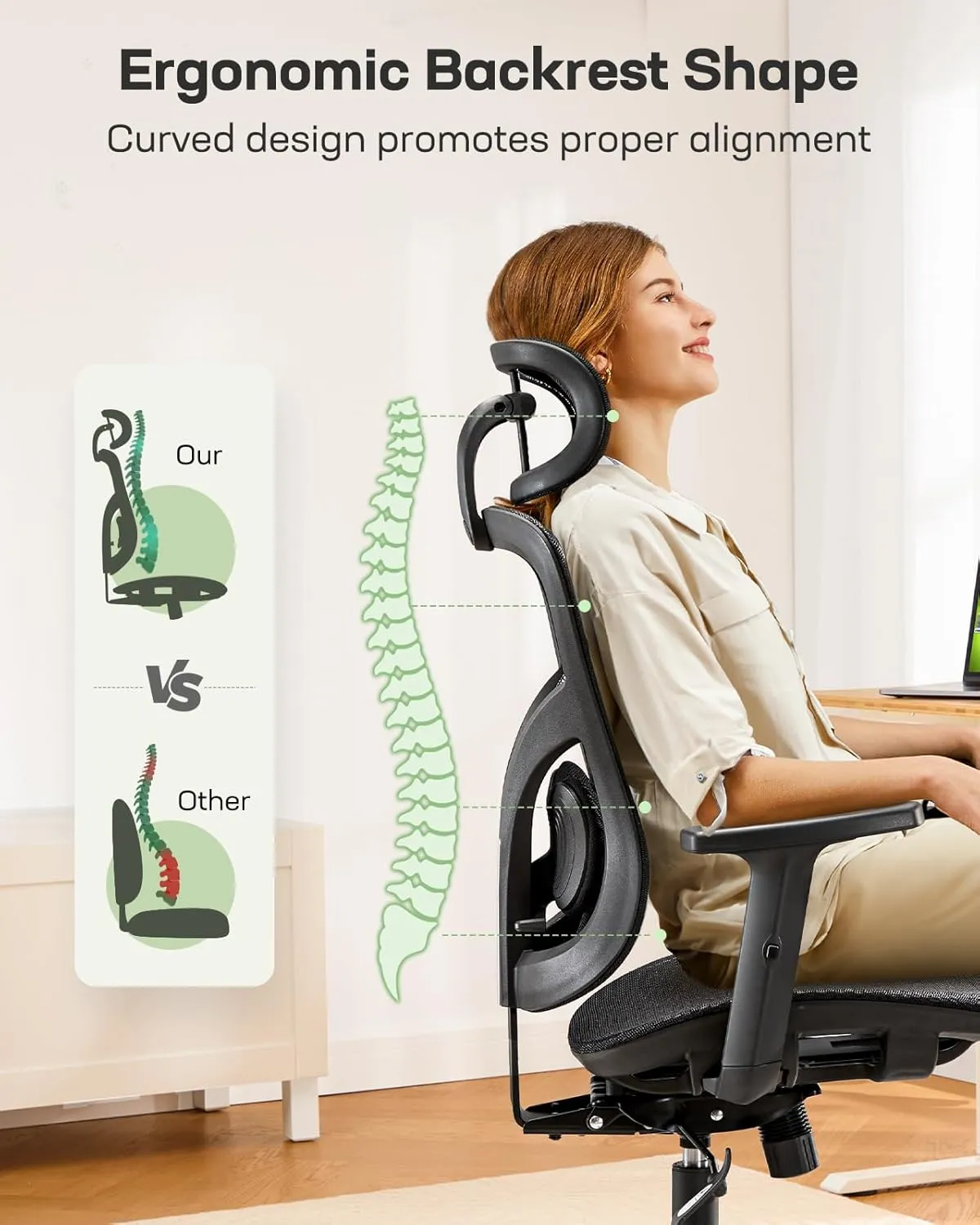 Marsail Ergonomic Office Chair, Ergonomic Gaming Chair with Adjustable Lumbar Support, 2D Headrest & Up and Down Armres