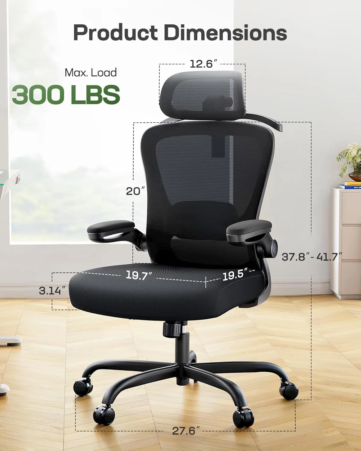 Marsail Ergonomic Office Chair: Gaming Chair with 3D Lumbar Support, 3D Headrest, Flip-up Armrests, Swivel Task Chair with 90-120° Tilt Lock, Thick Cushion (Ink Black)