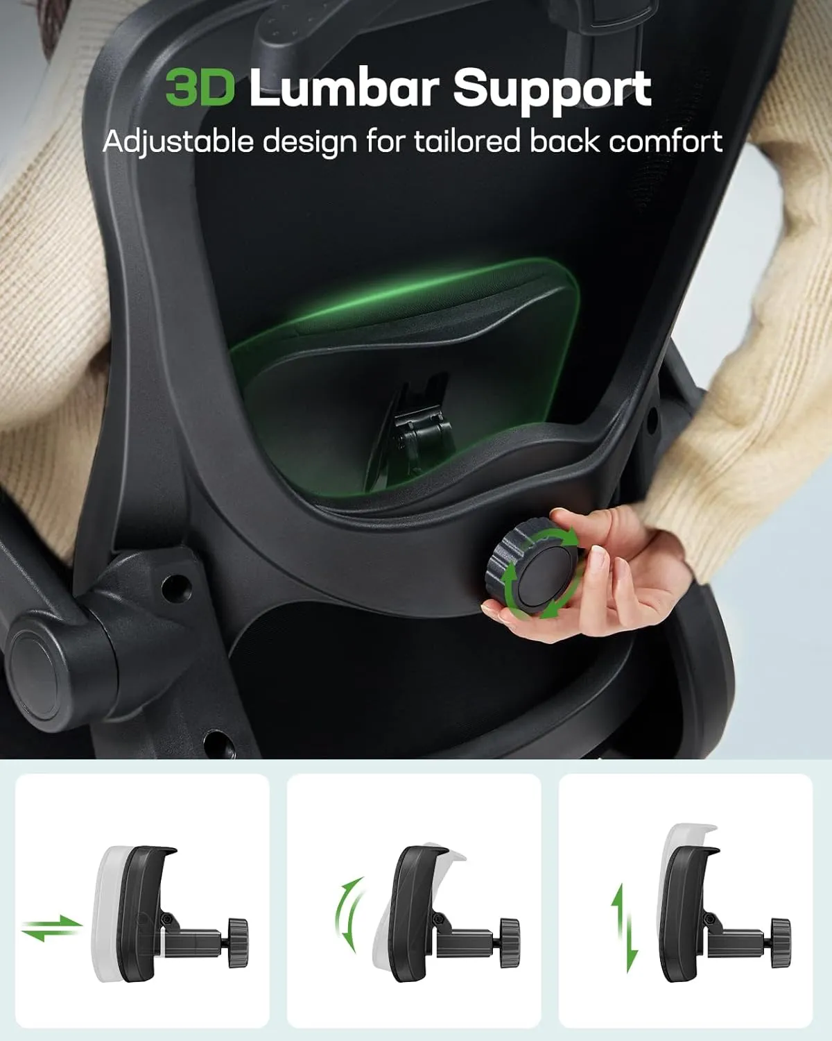 Marsail Ergonomic Office Chair: Gaming Chair with 3D Lumbar Support, 3D Headrest, Flip-up Armrests, Swivel Task Chair with 90-120° Tilt Lock, Thick Cushion (Ink Black)