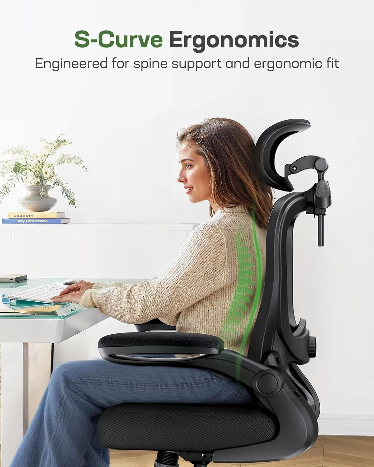 Marsail Ergonomic Office Chair: Gaming Chair with 3D Lumbar Support, 3D Headrest, Flip-up Armrests, Swivel Task Chair with 90-120° Tilt Lock, Thick Cushion (Ink Black)