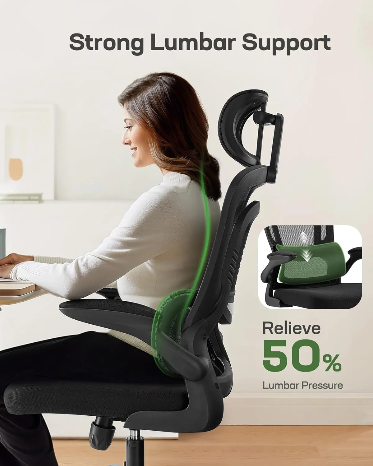 Marsail Ergonomic Office Chair with Adjustable Lumbar Support, High Back Desk Chair with 2D Headrest & Flip-Up Armrests Gaming Computer Task Chair Tilt Function Black