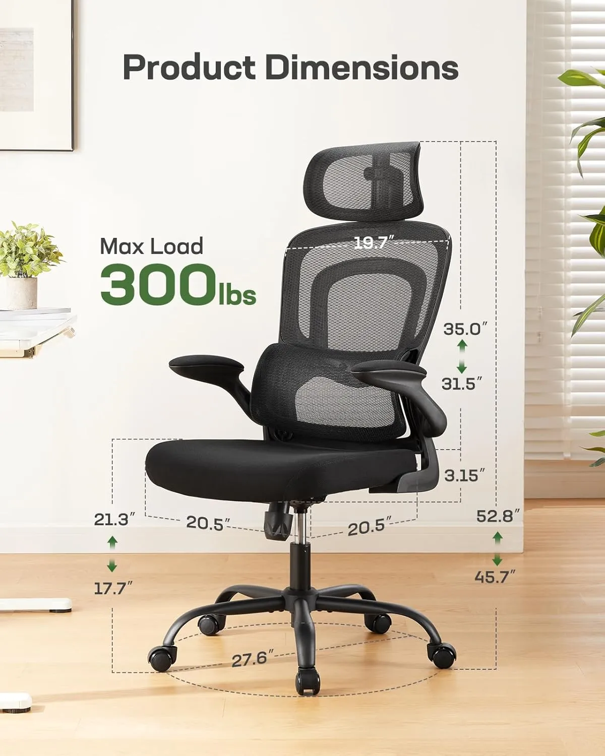 Marsail Ergonomic Office Chair with Adjustable Lumbar Support, High Back Desk Chair with 2D Headrest & Flip-Up Armrests Gaming Computer Task Chair Tilt Function Black