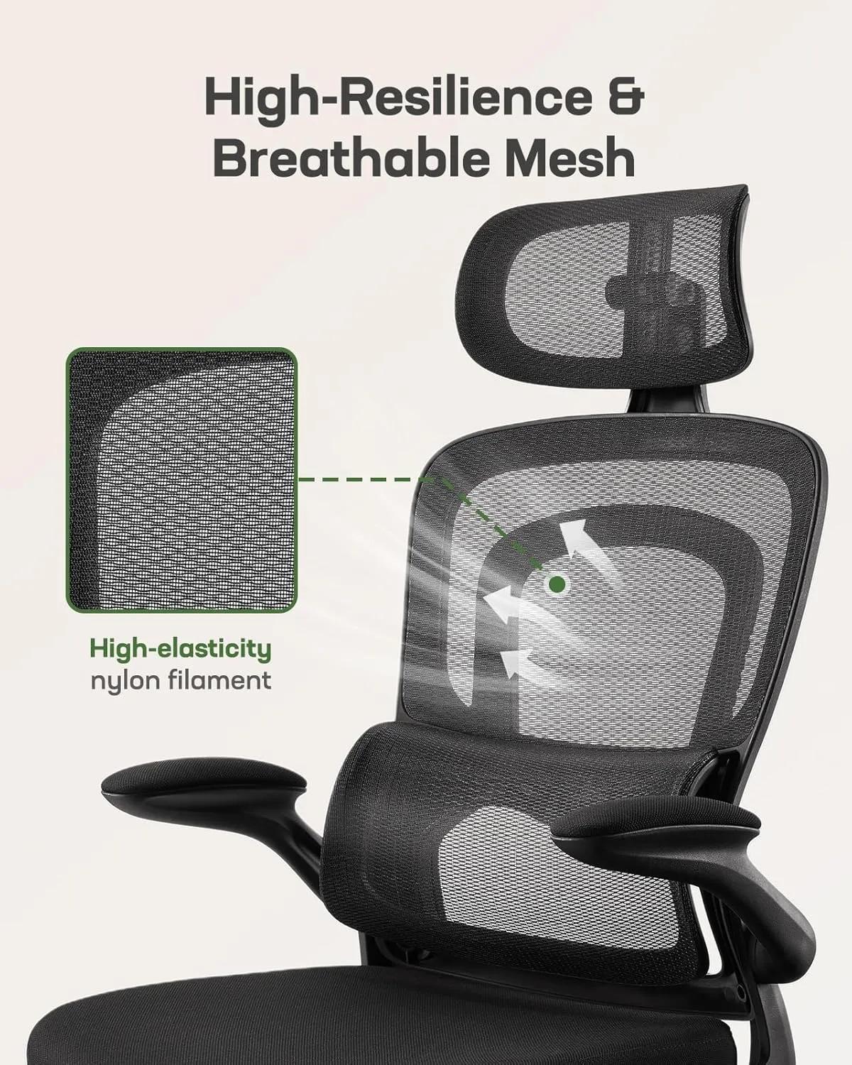 Marsail Ergonomic Office Chair with Adjustable Lumbar Support, High Back Desk Chair with 2D Headrest & Flip-Up Armrests Gaming Computer Task Chair Tilt Function Black