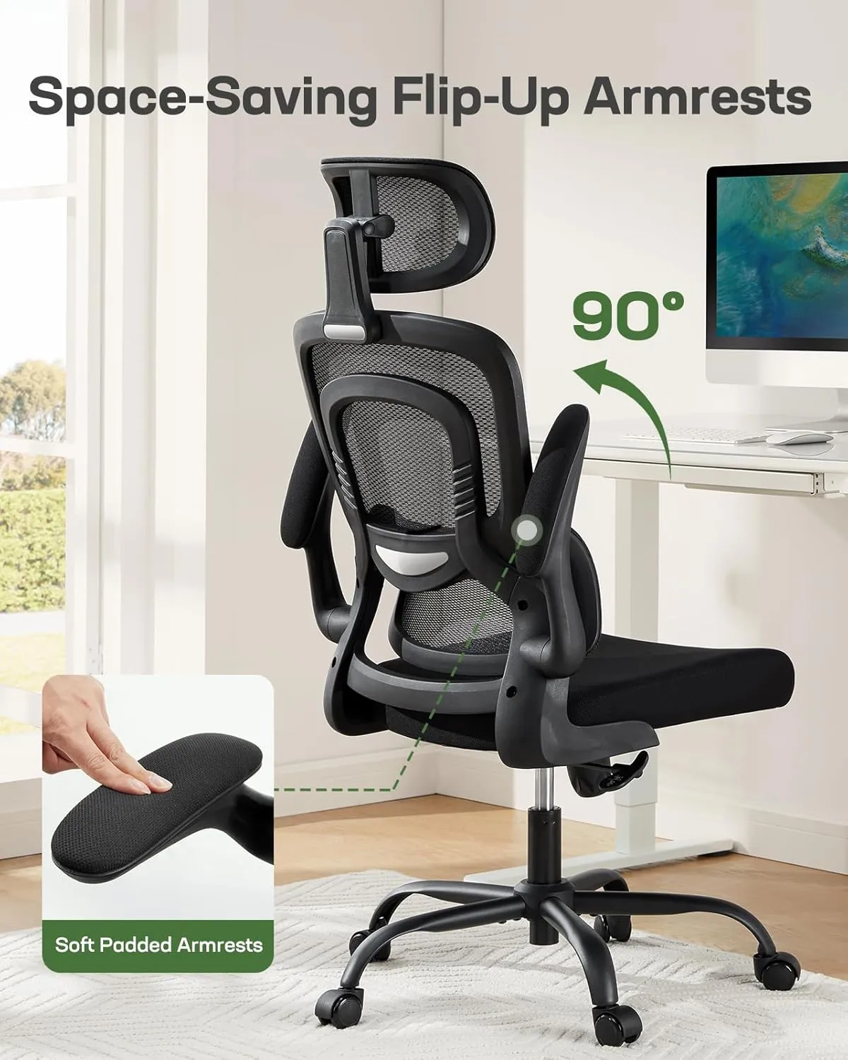 Marsail Ergonomic Office Chair with Adjustable Lumbar Support, High Back Desk Chair with 2D Headrest & Flip-Up Armrests Gaming Computer Task Chair Tilt Function Black