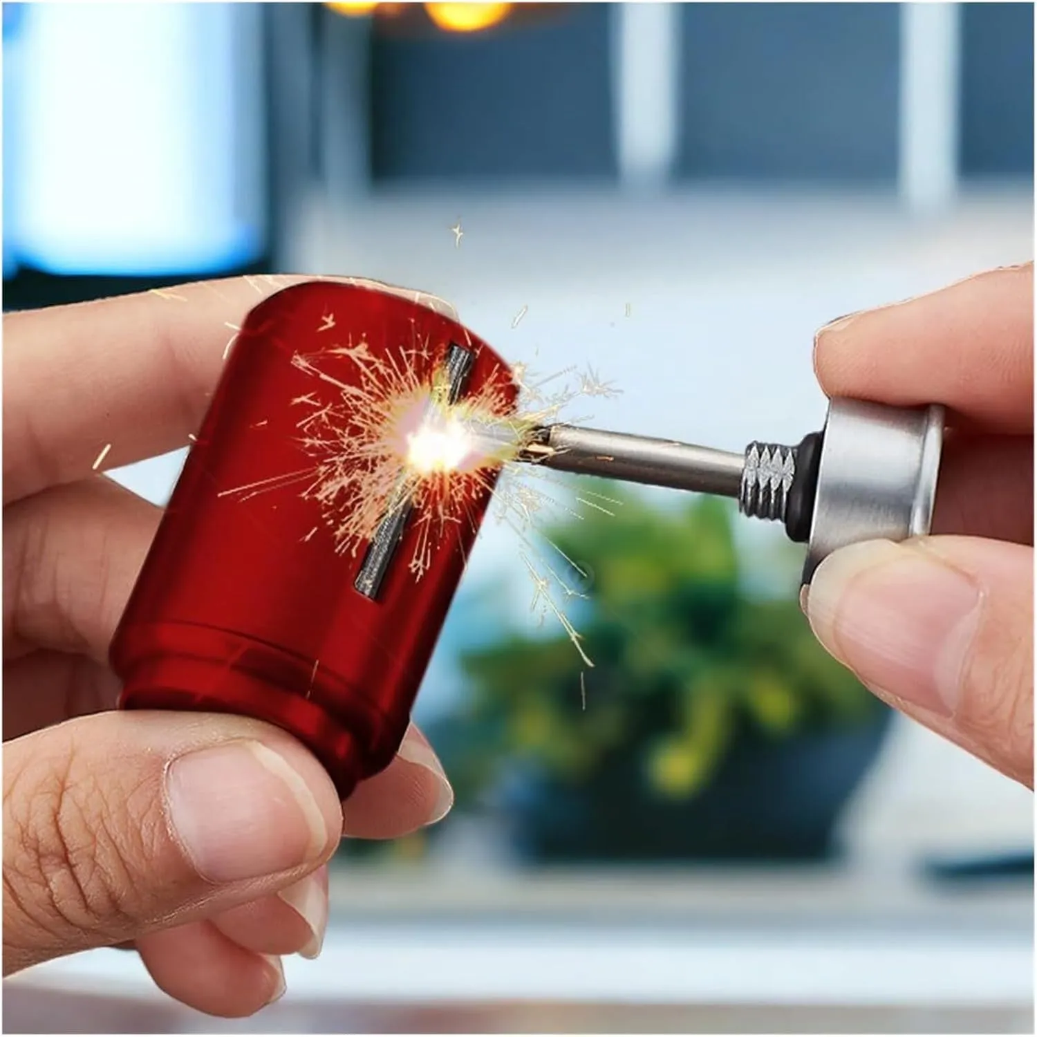 Match Keychain Lighter, Kerosene refillable, Waterproof Permanent Match Lighter, Flint Metal Lighter, Suitable for Outdoor Camping Survival Gear (Kerosene not Included) - Silver(Red-1)