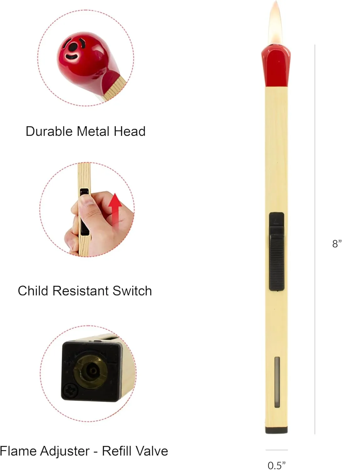 Match Shape Candle Lighter - Slim Butane - Gas Refillable - Long Reach (8" Long, 5 Lighter)