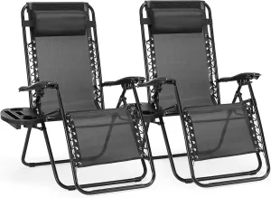 Maximize Outdoor Comfort with Folding Recliner Chairs, Steel Frame, Adjustable Lying Angle, with Tray and Pillow, Black