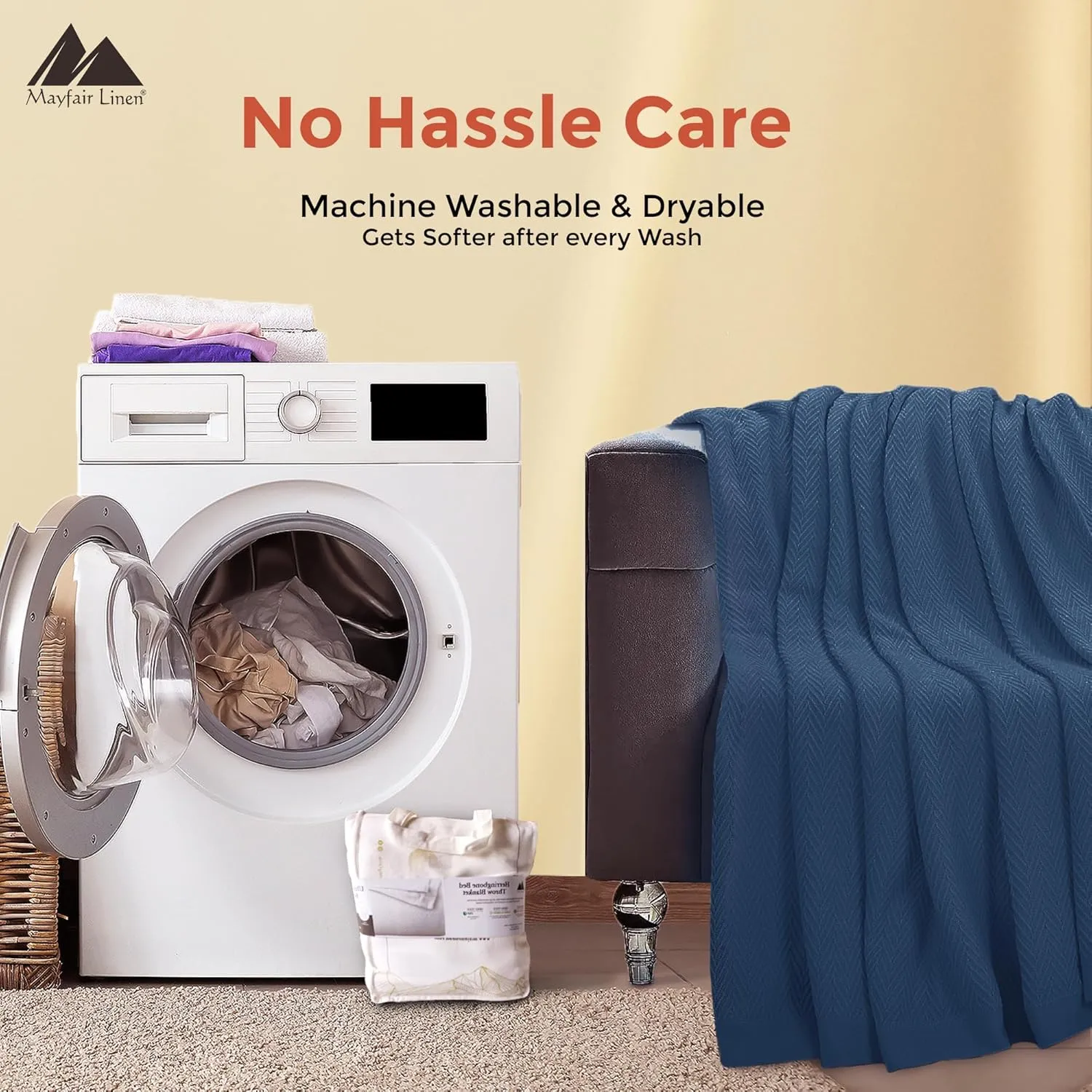 Mayfair Linen 100% Pure Cotton, Luxury Twin/Twin XL SizeMedium Blue Blanket - Herringbone Pattern, Soft &Cozy Premium Fall Throw Blanket for All Seasons, 350GSM & 68x92 with Free Tote Bag.