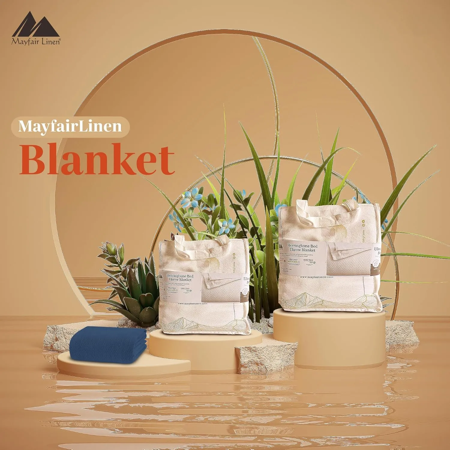 Mayfair Linen 100% Pure Cotton, Luxury Twin/Twin XL SizeMedium Blue Blanket - Herringbone Pattern, Soft &Cozy Premium Fall Throw Blanket for All Seasons, 350GSM & 68x92 with Free Tote Bag.