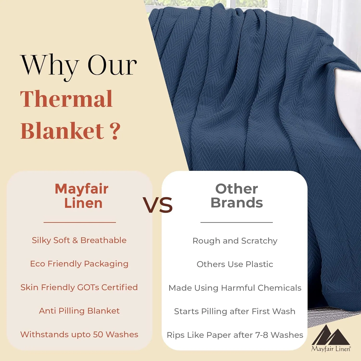 Mayfair Linen 100% Pure Cotton, Luxury Twin/Twin XL SizeMedium Blue Blanket - Herringbone Pattern, Soft &Cozy Premium Fall Throw Blanket for All Seasons, 350GSM & 68x92 with Free Tote Bag.