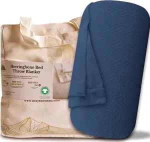 Mayfair Linen 100% Pure Cotton, Luxury Twin/Twin XL SizeMedium Blue Blanket - Herringbone Pattern, Soft &Cozy Premium Fall Throw Blanket for All Seasons, 350GSM & 68x92 with Free Tote Bag.