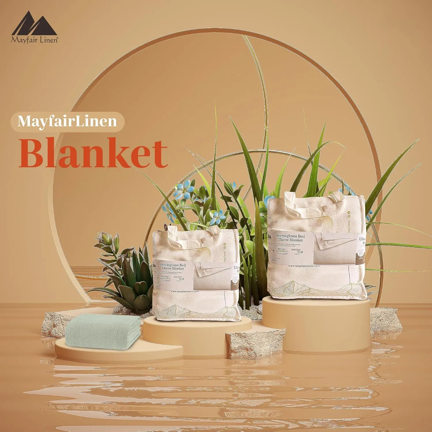 Mayfair Linen Knitted Geometric Herringbone Pattern Handwoven Blanket 100% Long Staple Cotton - Soft & Cozy Thermal All Season Throw for Bed Couch Chair Outdoors (Twin/Twin XL, Sage Green)