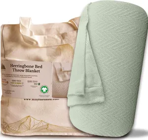 Mayfair Linen Knitted Geometric Herringbone Pattern Handwoven Blanket 100% Long Staple Cotton - Soft & Cozy Thermal All Season Throw for Bed Couch Chair Outdoors (Twin/Twin XL, Sage Green)