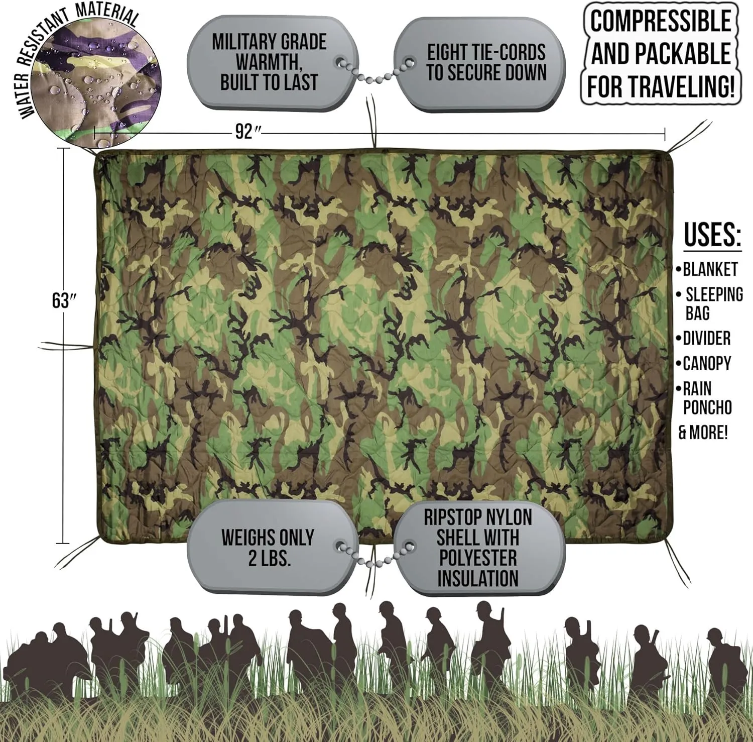 MEDALS OF AMERICA EST. 1976 Military Gear Blanket Poncho Liners Woobie Emergency Blanket - Military Surplus Cold Weather Camping and Hunting Woobie Blanket (Woodland)