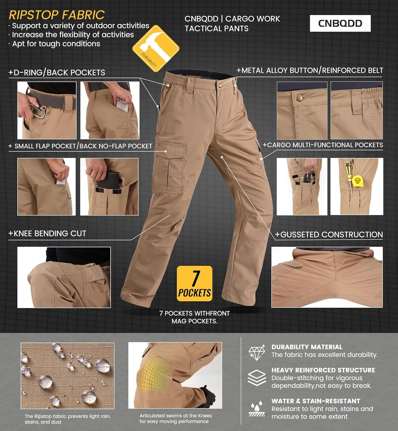 Mens Cargo Work Pants Ripstop Water Resistant Outdoor Tactical Utility Pants with 7 Pockets Hiking Construction Pants