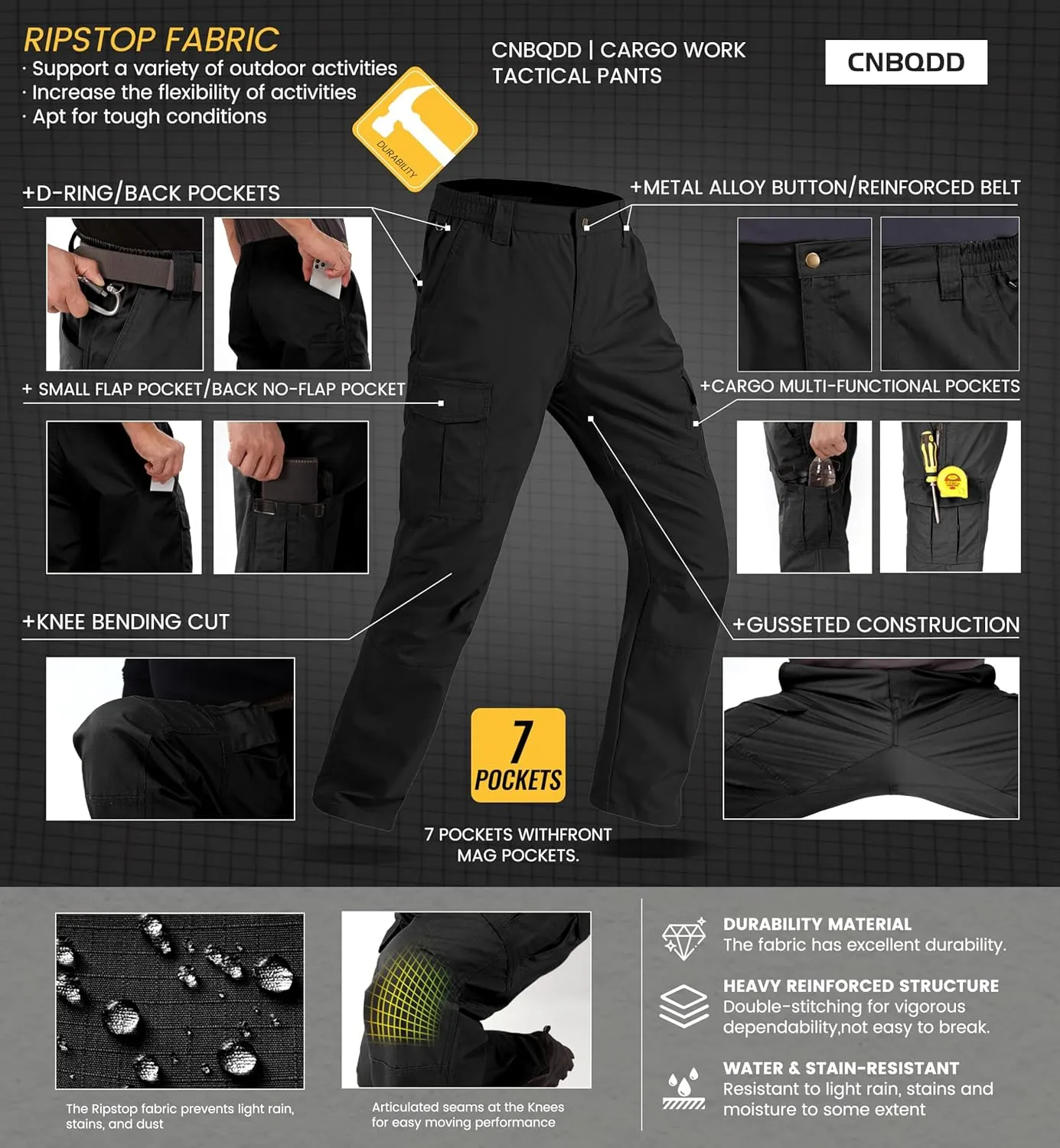 Mens Cargo Work Pants Ripstop Water Resistant Outdoor Tactical Utility Pants with 7 Pockets Hiking Construction Pants