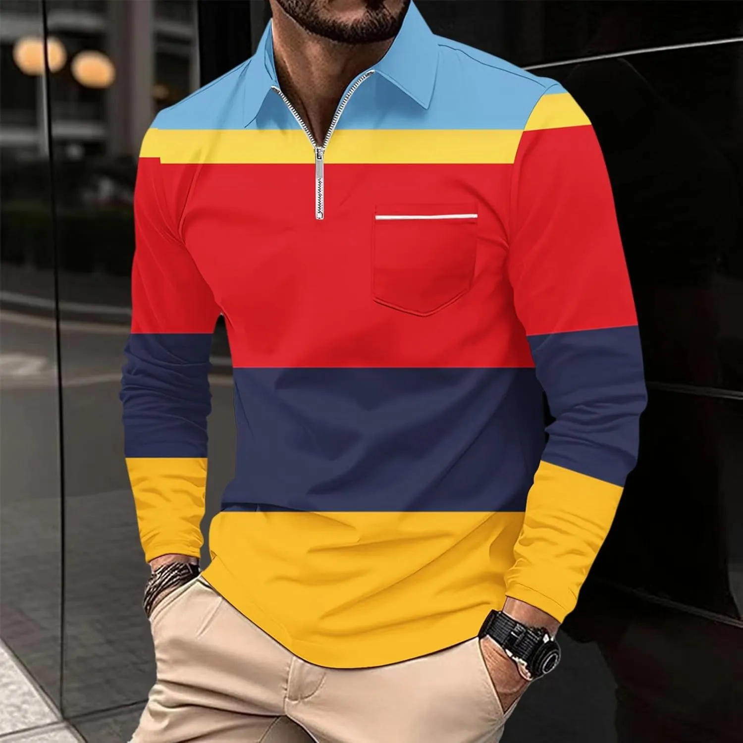 Mens Gifts and Autumn Casual Business Fashion Printing Long Sleeve Lapel Cotton Classic Long Sleeve Thermal Button