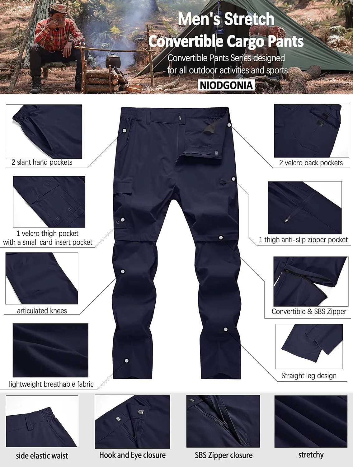 Mens Hiking Convertible Pants Waterproof Lightweight Quick Dry Zip Off Fishing Outdoor Cargo Work Trekking Trousers