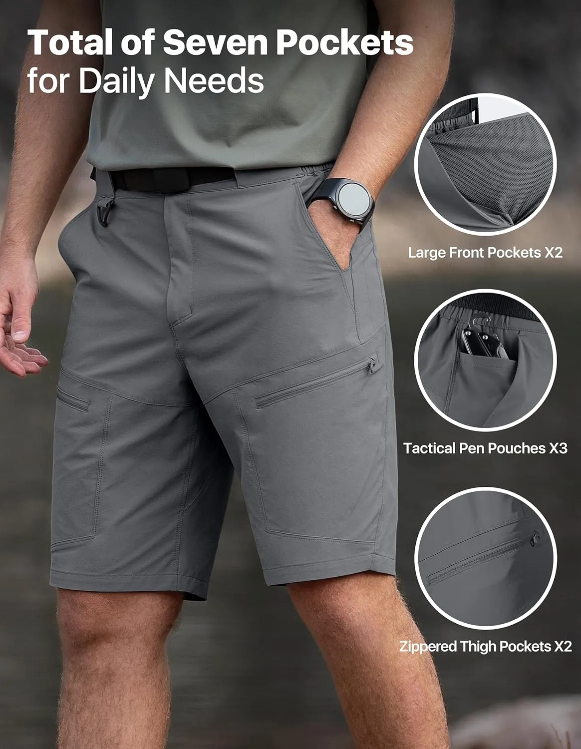 Mens Hiking Shorts Water Resistant Quick Dry Lightweight Breathable Cargo Shorts with Zipper Pockets & Belt