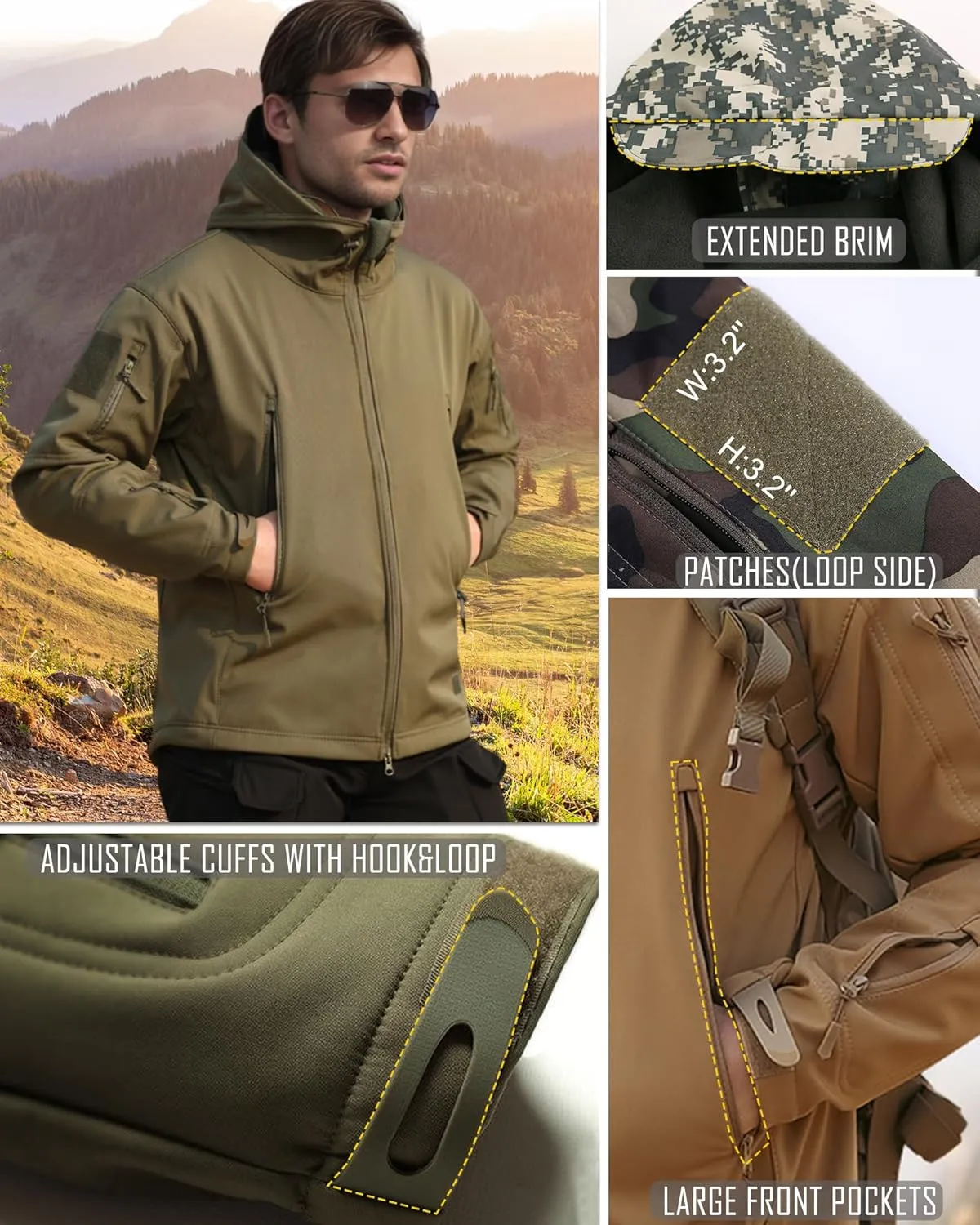 Men's Softshell Jacket Fleece Windproof Waterproof Thermal Tactical Coat Outdoor Jacket Hiking Camping