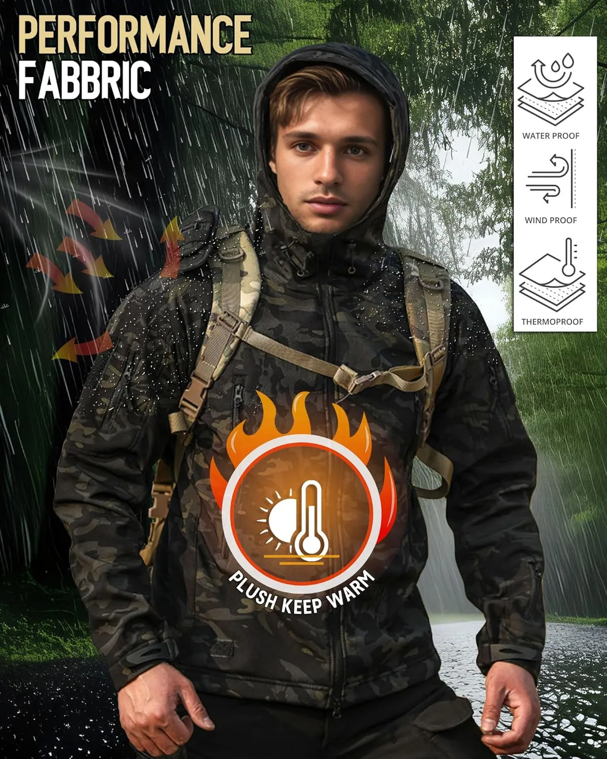Men's Softshell Jacket Fleece Windproof Waterproof Thermal Tactical Coat Outdoor Jacket Hiking Camping