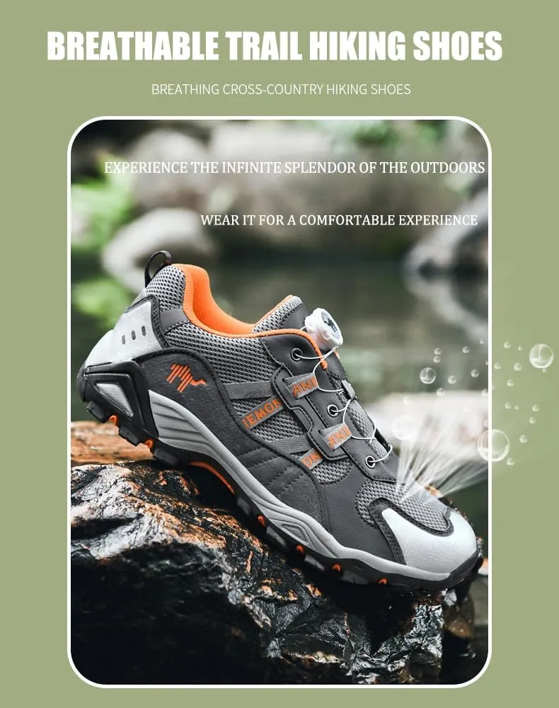 Men's Waterproof Hiking Shoe for Walking & Trail Shoes Self-Tying Anti Slip Outdoor Hike Trekking Shoes Low Top Breathable Camping Hiker Sneakers
