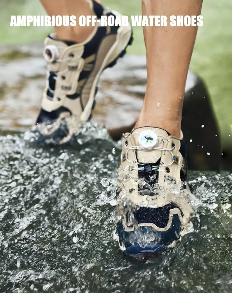 Men's Waterproof Hiking Shoe for Walking & Trail Shoes Self-Tying Anti Slip Outdoor Hike Trekking Shoes Low Top Breathable Camping Hiker Sneakers
