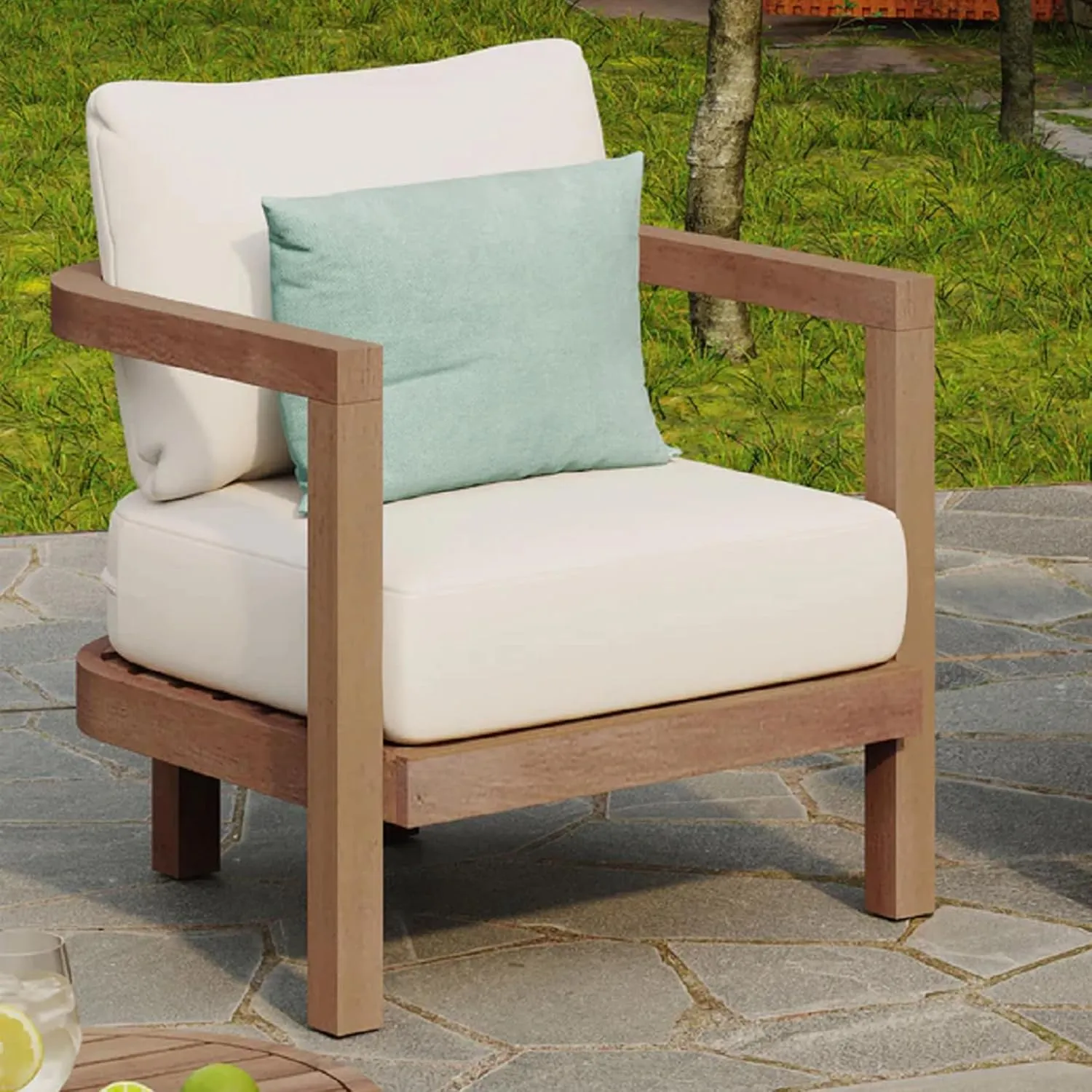 Merax Single Outdoor Acacia Wood Club Chair with Cushion,Patio Furniture Conversation Set for Backyard