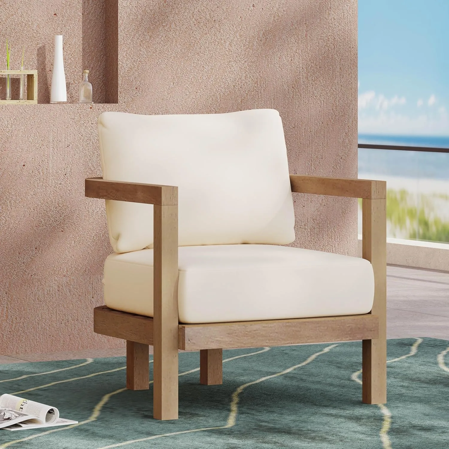 Merax Single Outdoor Acacia Wood Club Chair with Cushion,Patio Furniture Conversation Set for Backyard
