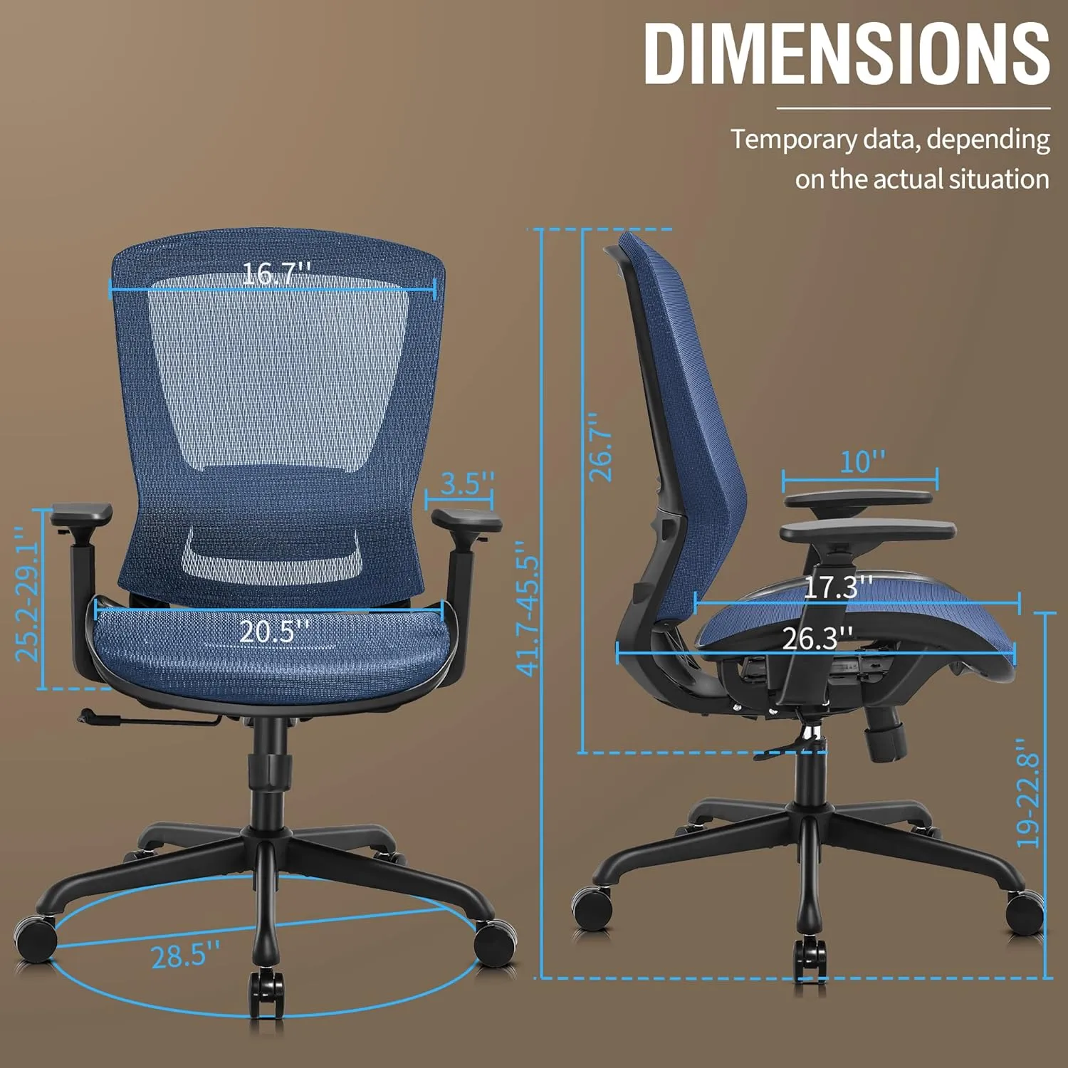 Mesh Office Chair,Ergonomic Computer Desk Chair,Sturdy Task Chair- Adjustable Lumbar Support & Armrests,Tilt Function,Comfort Wide Seat,Swivel Home Office Chair (Blue)