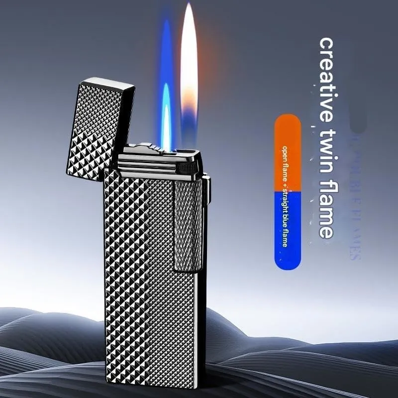 Metal Inflatable Butane Torch Lighter Windproof Lighter, Portable Refillable Lighter, Dual Flush Metal Lighter for Outdoor, Indoor (Fuel Not Included)(Black*d)