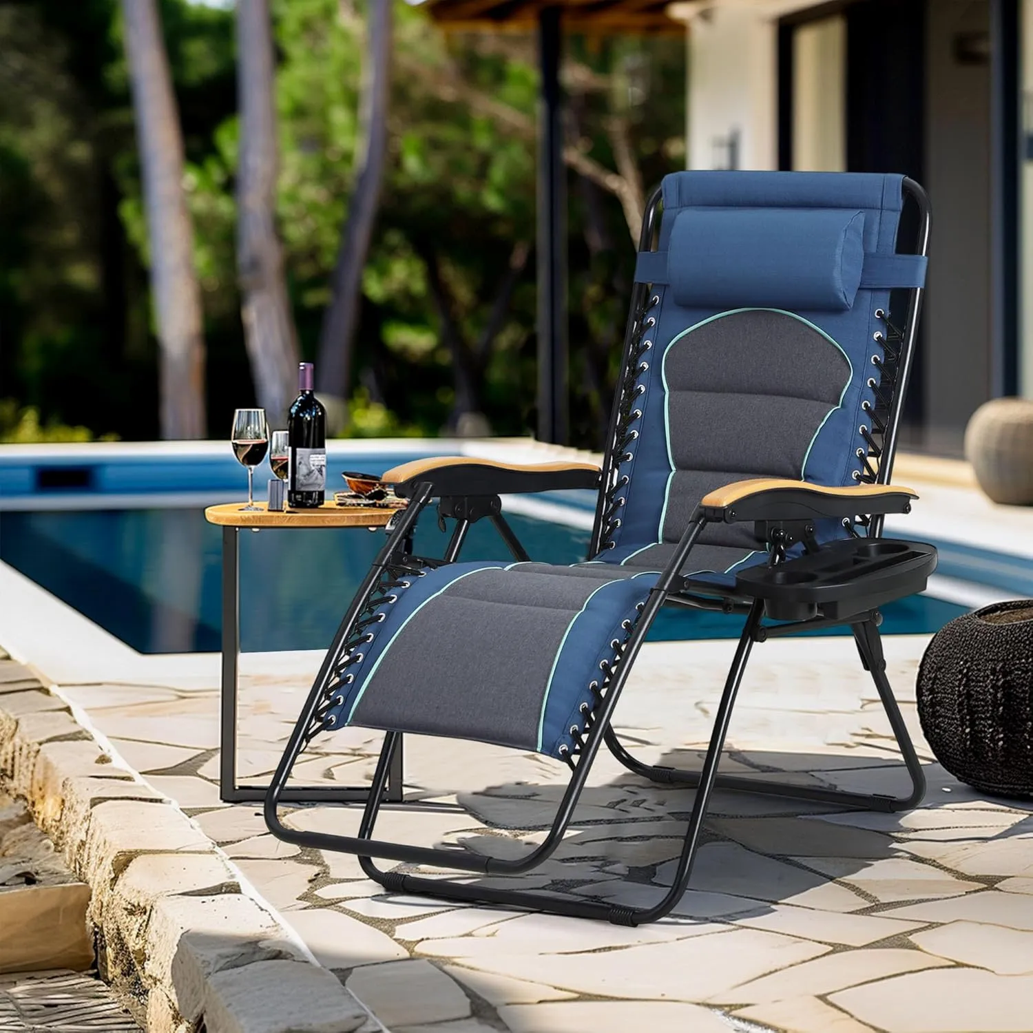 MFSTUDIO Zero Gravity Chairs Set of 2, XL Oversized Outdoor Anti Gravity Chair, Patio Lounge Folding Adjustable Chair with Cup Holder & Padded Headrest, Support 400lbs,Blue