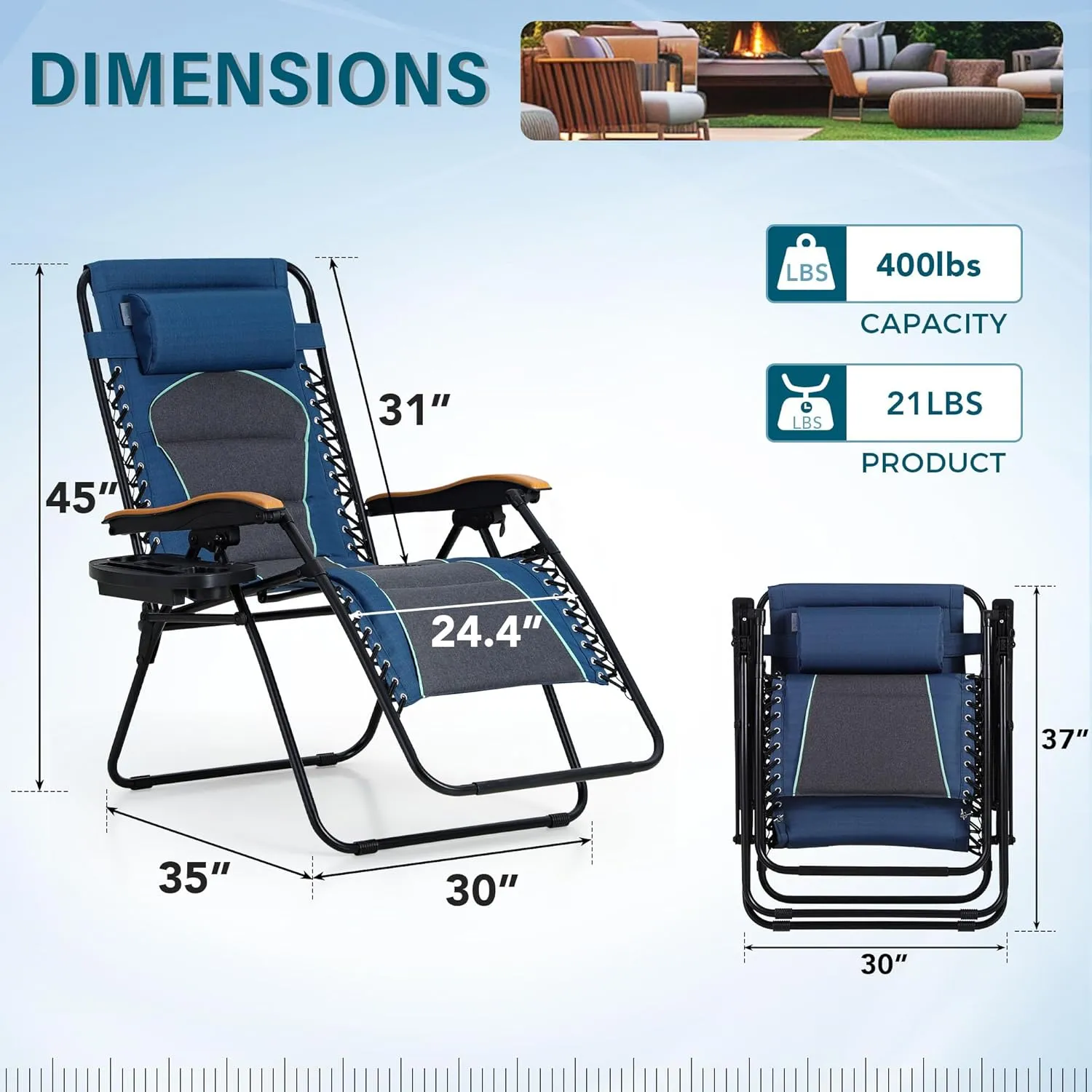 MFSTUDIO Zero Gravity Chairs Set of 2, XL Oversized Outdoor Anti Gravity Chair, Patio Lounge Folding Adjustable Chair with Cup Holder & Padded Headrest, Support 400lbs,Blue