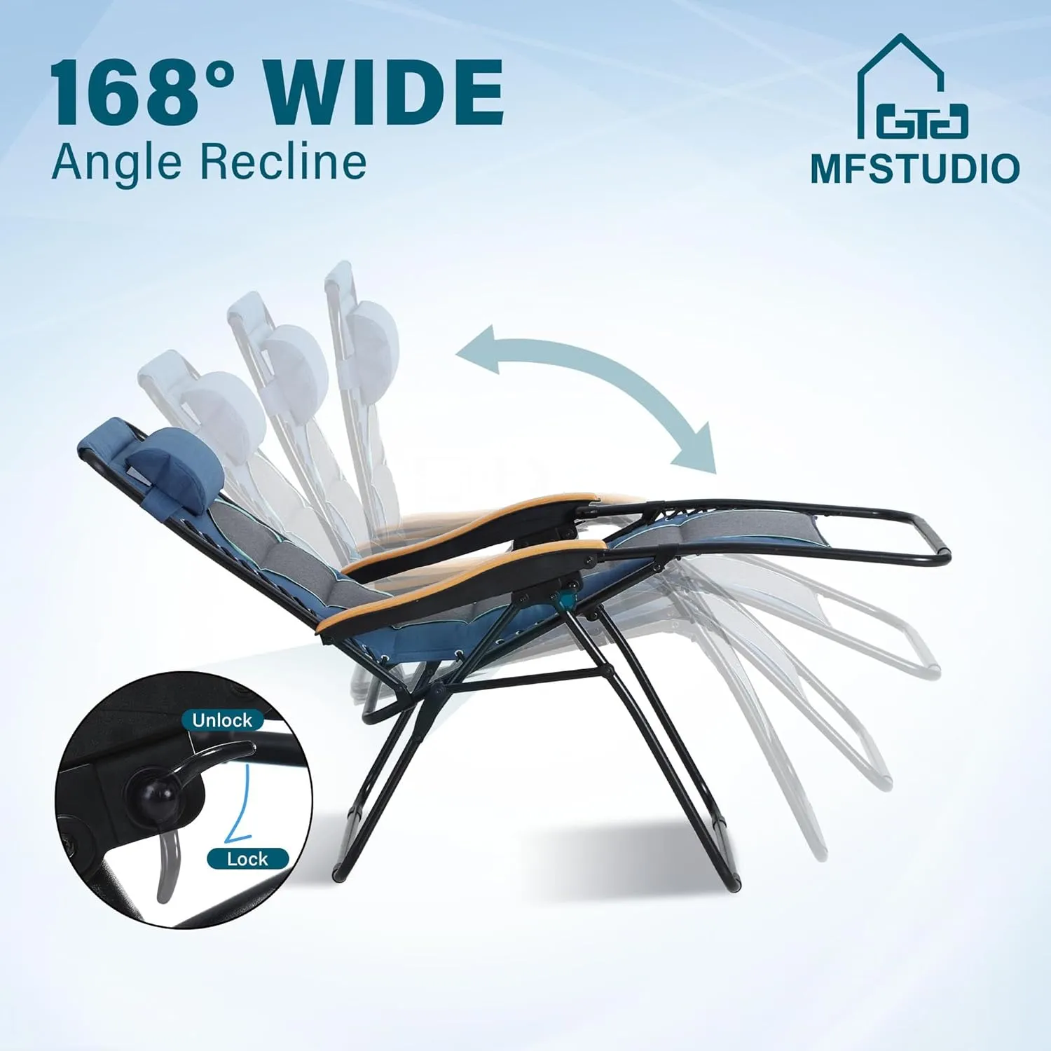 MFSTUDIO Zero Gravity Chairs Set of 2, XL Oversized Outdoor Anti Gravity Chair, Patio Lounge Folding Adjustable Chair with Cup Holder & Padded Headrest, Support 400lbs,Blue