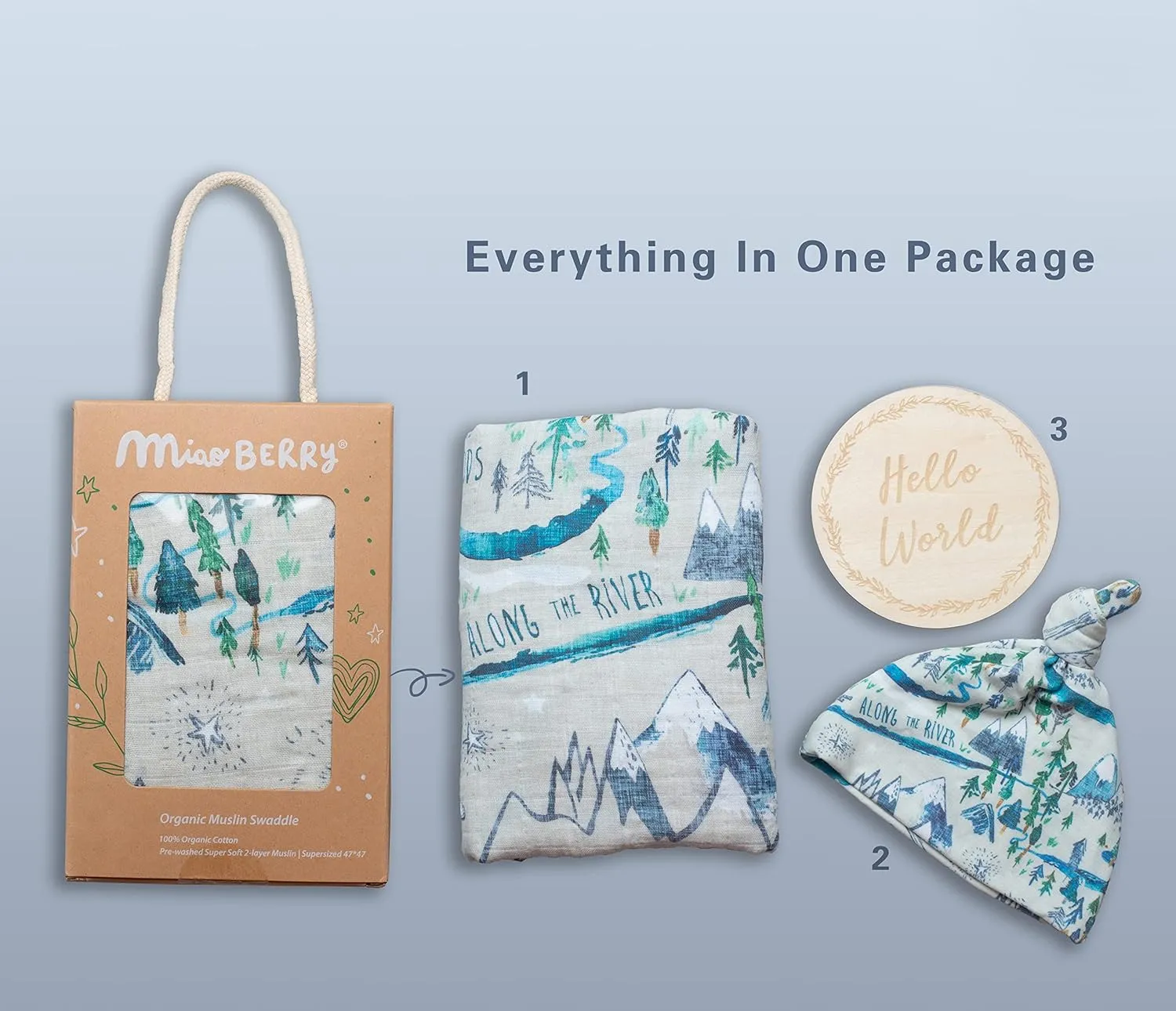 Miaoberry Mountain Baby Organic Muslin Swaddle Blankets for Baby Boy with Hat and Wooden Hello World Newborn Sign, Adventure Forest Theme, Newborn Photography Outfits Boy, Birth Announcement Sign