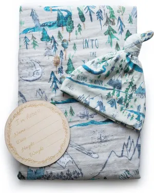 Miaoberry Mountain Baby Organic Muslin Swaddle Blankets for Baby Boy with Hat and Wooden Hello World Newborn Sign, Adventure Forest Theme, Newborn Photography Outfits Boy, Birth Announcement Sign